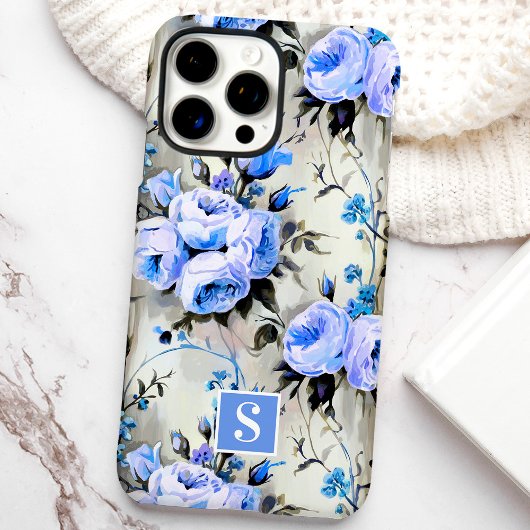 青と淡青のモノグラム入り花柄 Case-Mate iPhoneケース