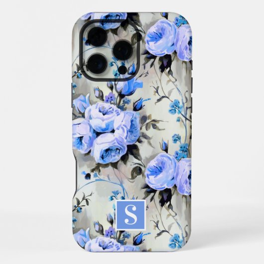 青と淡青のモノグラム入り花柄 iPhoneケース (裏面)