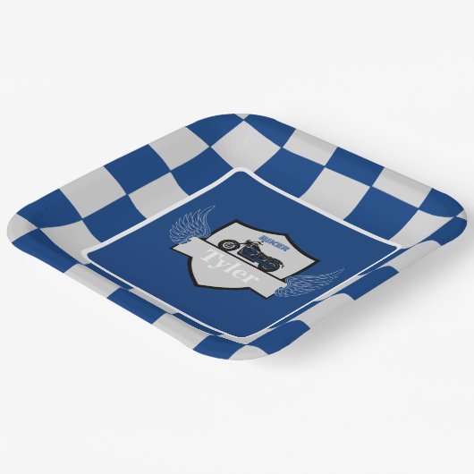 青と灰色と市松模様にオートバイ ペーパープレート (傾斜あり)