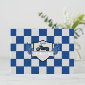 青と灰色と市松模様にオートバイ 案内状 (スタンド正面)