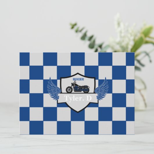 青と灰色と市松模様にオートバイ 案内状 (スタンド正面)