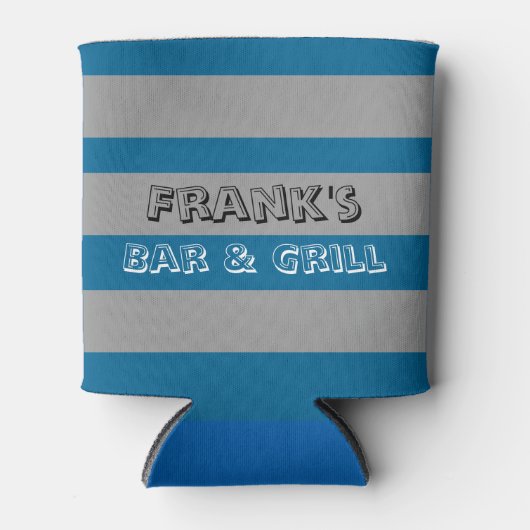 青と灰色のはっきりしたストライプのパーソナライズされた 缶クーラー (正面)