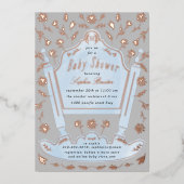 青と灰色のアンティーククレードル赤ちゃんシャワーバラ金ゴールド 箔招待状 (正面)