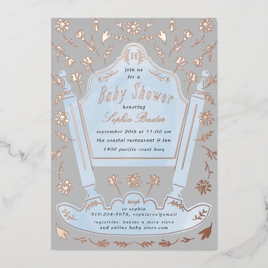 青と灰色のアンティーククレードル赤ちゃんシャワーバラ金ゴールド 箔招待状 (正面)