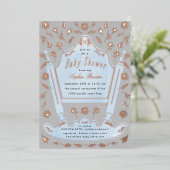 青と灰色のアンティーククレードル赤ちゃんシャワーバラ金ゴールド 箔招待状 (立ち正面)