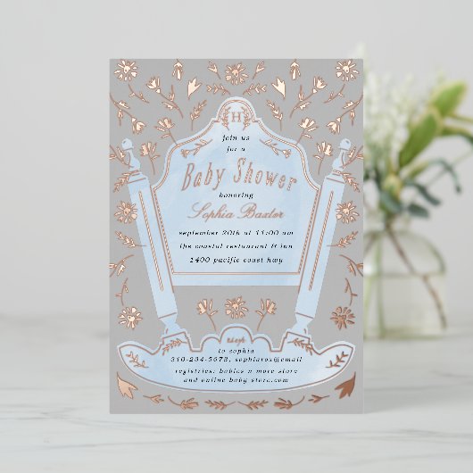 青と灰色のアンティーククレードル赤ちゃんシャワーバラ金ゴールド 箔招待状 (立ち正面)