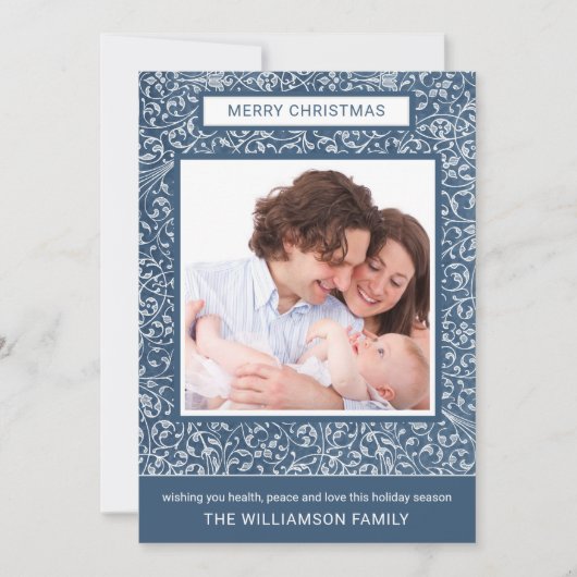 青と灰色のエレガント渦巻きパターンの2枚 シーズンカード (正面)