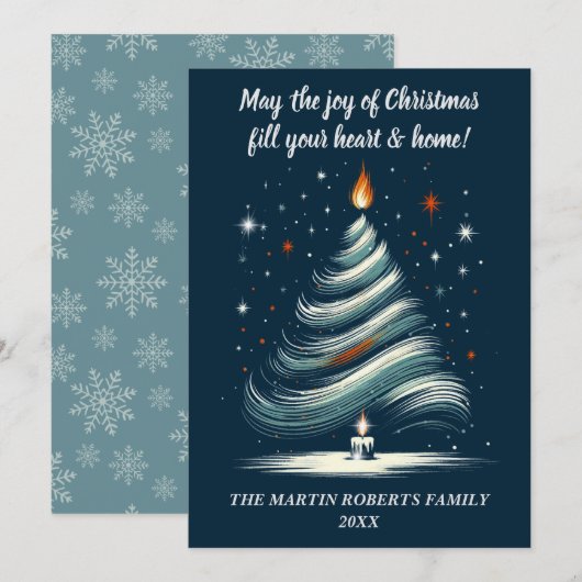 青と灰色のキャンドル付きのモダンな木 シーズンカード (正面/裏面)