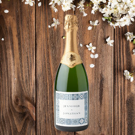 青と灰色のスペインのタイルの招待 スパークリングワインラベル