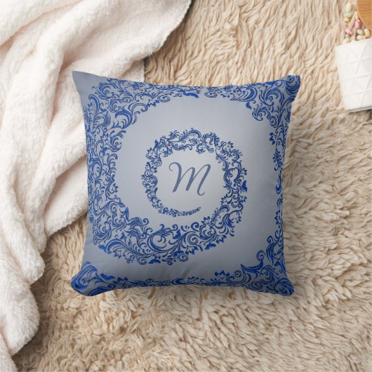 青と灰色のダマスクモノグラム クッション (ブランケット)