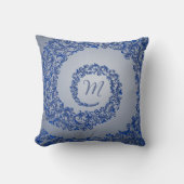青と灰色のダマスクモノグラム クッション (正面)