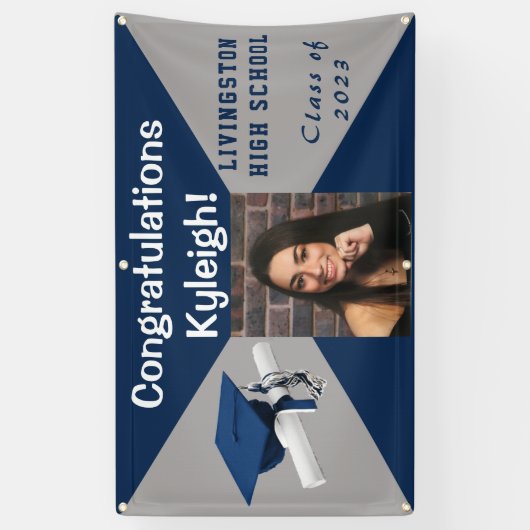 青と灰色のビニールの卒業写真 横断幕 (縦)