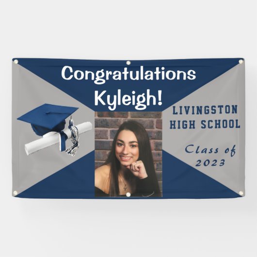 青と灰色のビニールの卒業写真 横断幕 (横)