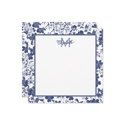 青と灰色のフローラモノグラム ノートカード (正面/裏面インサイチュ)