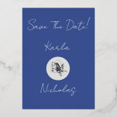 青と灰色のフローラ日付フォイルのカードを保存 箔招待状 (裏面)