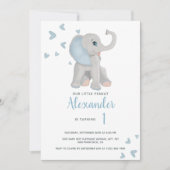 青と灰色のベビーゾウ1st誕生日の写真 招待状 (正面)