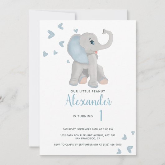 青と灰色のベビーゾウ1st誕生日の写真 招待状 (正面)