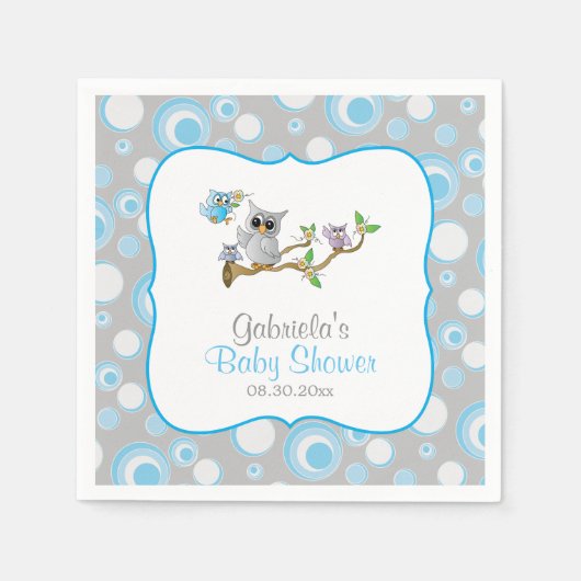 青と灰色のベビーフクロウ赤ちゃんシャワーテーマ スタンダードカクテルナプキン (正面)