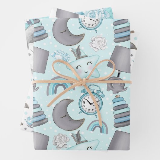 青と灰色のベビーボーイのアイテムのおもちゃ星 ラッピングペーパーシート (インサイチュ)