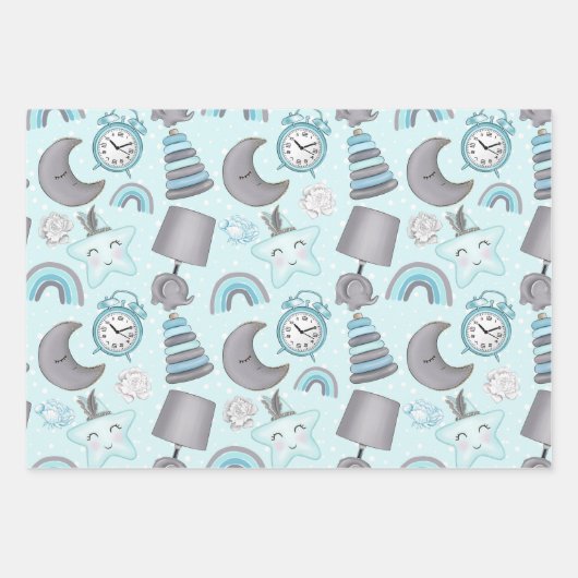 青と灰色のベビーボーイのアイテムのおもちゃ星 ラッピングペーパーシート (正面)