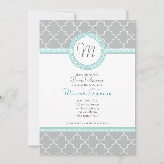 青と灰色のモノグラムシャワー招待状 招待状 (正面)