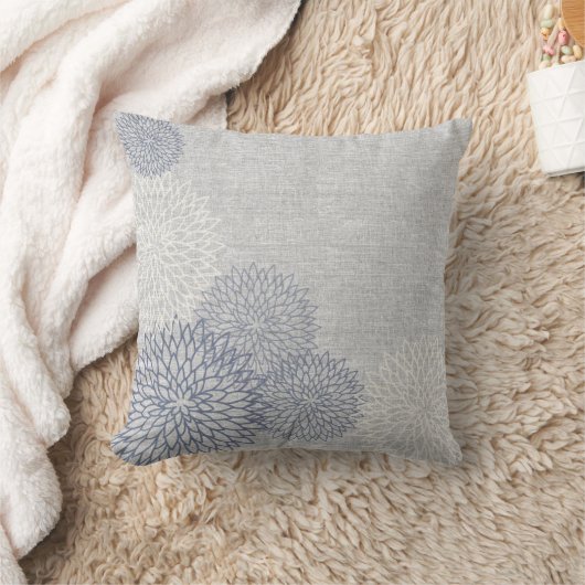 青と灰色のリネンフローラデコレータアクセント枕 クッション (ブランケット)
