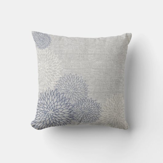 青と灰色のリネンフローラデコレータアクセント枕 クッション (正面)