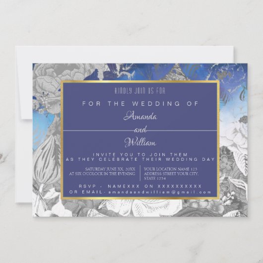 青と灰色のヴィンテージフローラ 招待状 (正面)