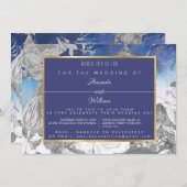 青と灰色のヴィンテージフローラ 招待状 (正面/裏面)