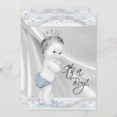 青と灰色のヴィンテージ男の赤ちゃんシャワー 招待状 (正面/裏面)