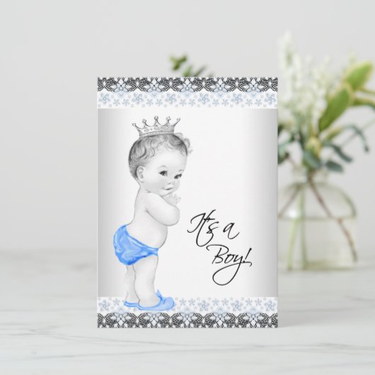 青と灰色のヴィンテージ男の赤ちゃんシャワー 招待状 (スタンド正面)