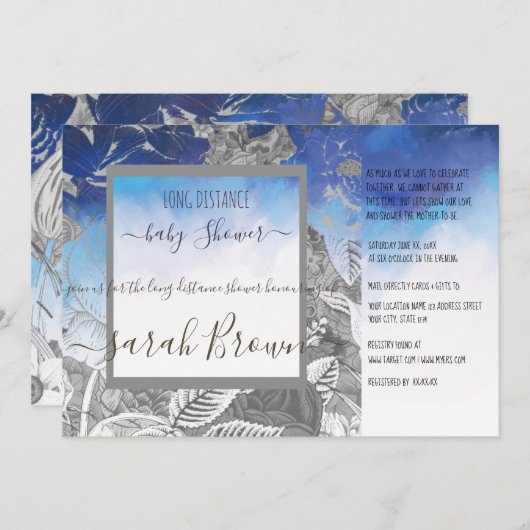青と灰色のヴィンテージ長距離ベビーシャワー 招待状 (正面/裏面)