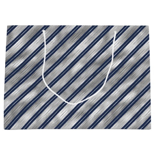 青と灰色の光沢ストライプ色 ラージペーパーバッグ (正面)