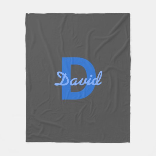 青と灰色の名前とモノグラム フリースブランケット (正面)