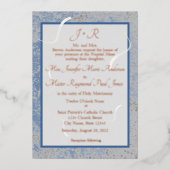 青と灰色の大理石カソリッモノグラムのク結婚ス 箔招待状 (正面)