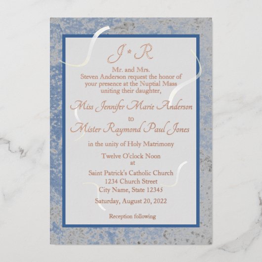 青と灰色の大理石カソリッモノグラムのク結婚ス 箔招待状 (正面)
