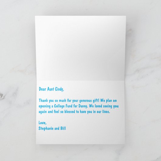 青と灰色の少年のクジラと亀のモノグラム カード (内部)