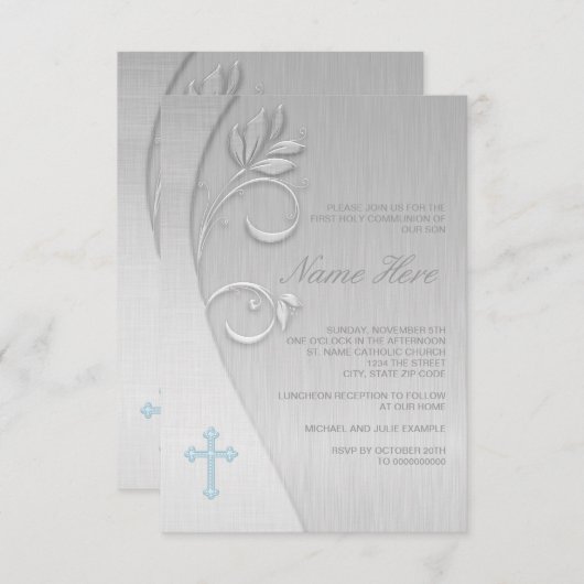 青と灰色の最初の聖餐式 招待状 (正面/裏面)