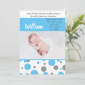 青と灰色の水玉模様 |男の赤ちゃんフォト誕生 案内状 (スタンド正面)