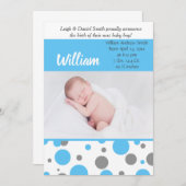 青と灰色の水玉模様 |男の赤ちゃんフォト誕生 案内状 (正面/裏面)