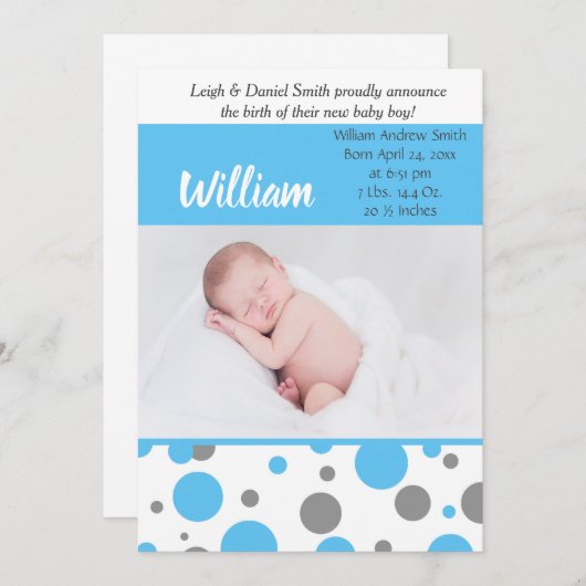 青と灰色の水玉模様 |男の赤ちゃんフォト誕生 案内状 (正面/裏面)