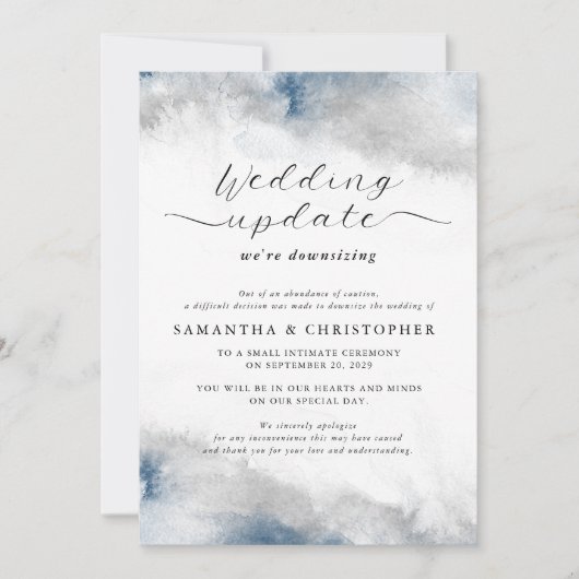 青と灰色の水色の結婚小型化の更新 案内状 (正面)