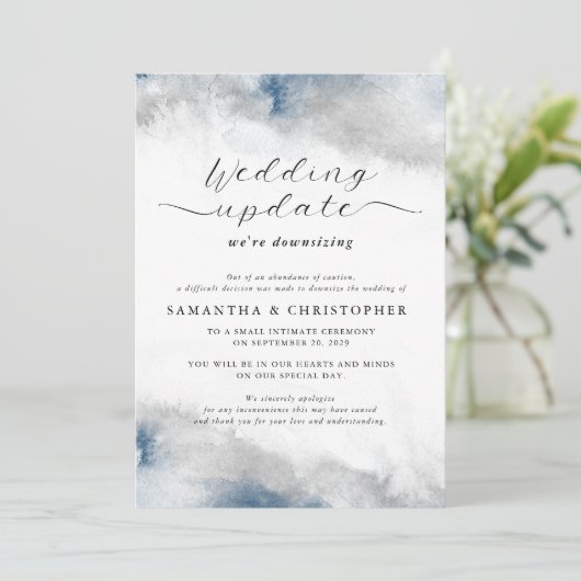 青と灰色の水色の結婚小型化の更新 案内状 (スタンド正面)
