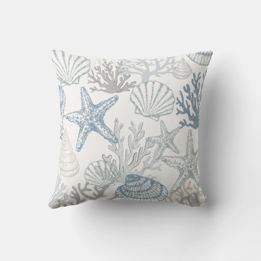 青と灰色の海老ヒトデの貝殻のパターン クッション (裏面)