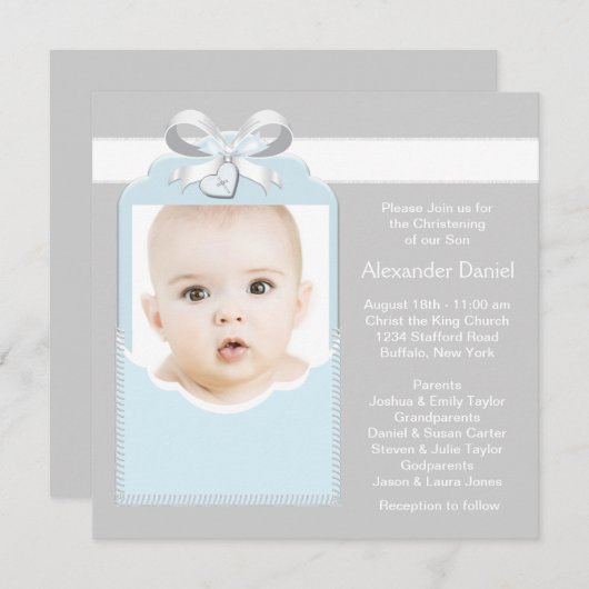 青と灰色の男の赤ちゃんフォト《キリスト教》洗礼式や命名式 招待状 (正面/裏面)