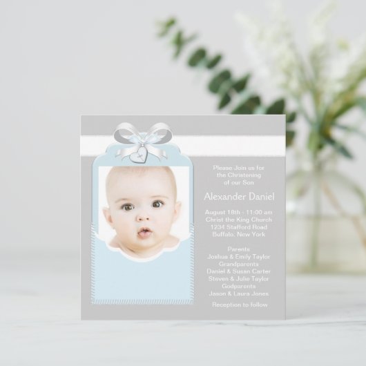 青と灰色の男の赤ちゃんフォト《キリスト教》洗礼式や命名式 招待状 (スタンド正面)