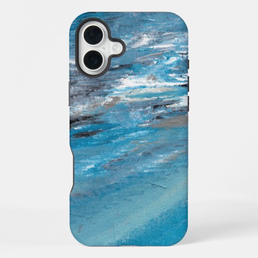 青と灰色の筆致による抽象的な海洋の波 iPhoneケース (裏面)