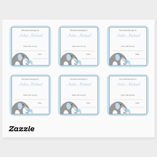 青と灰色の象の赤ちゃんシャワーブックプレート スクエアシール (シート)