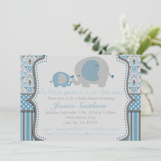 青と灰色の象の赤ちゃんシャワー招待状 招待状 (スタンド正面)