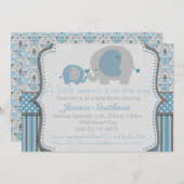 青と灰色の象の赤ちゃんシャワー招待状 招待状 (正面/裏面)